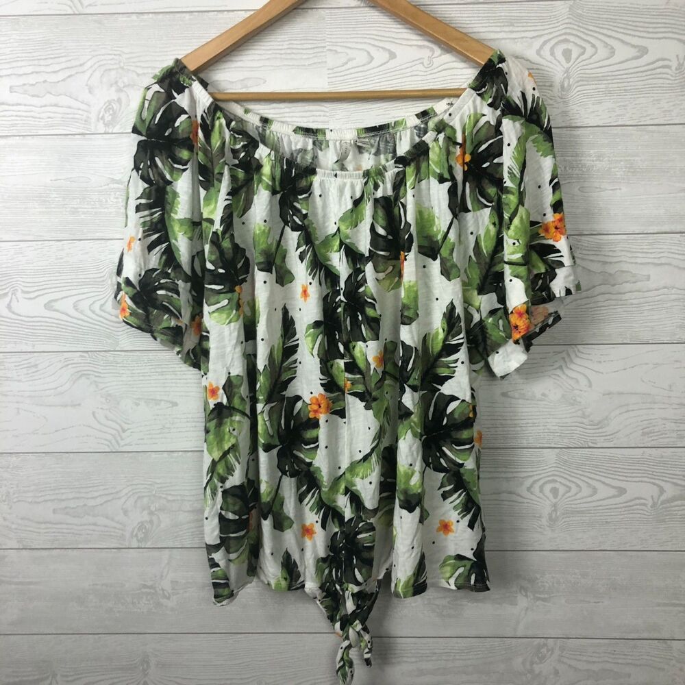Cato Women's 22/24W Tropical Floral Short Sleeve Top Tie Waist Off the Shoulder